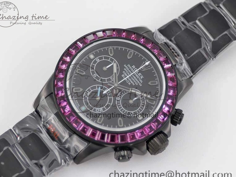 0223 Daytona All Black PVD TWF Best Edition Purple Diamonds Bezel Black Dial on PVD Bracelet SA Lightweight 2446